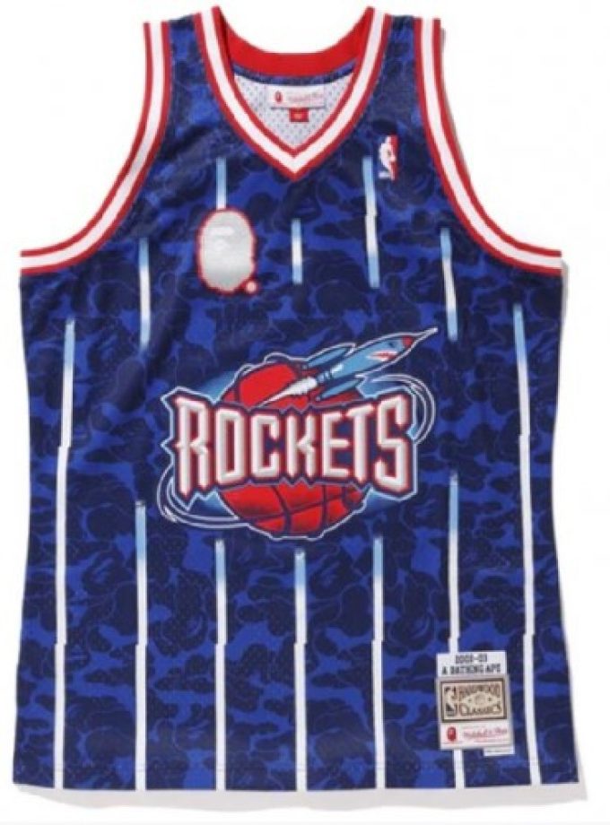 BAPE x Throwback Mitchell & Ness Rockets ABC Navy Basketball Swingman Jersey